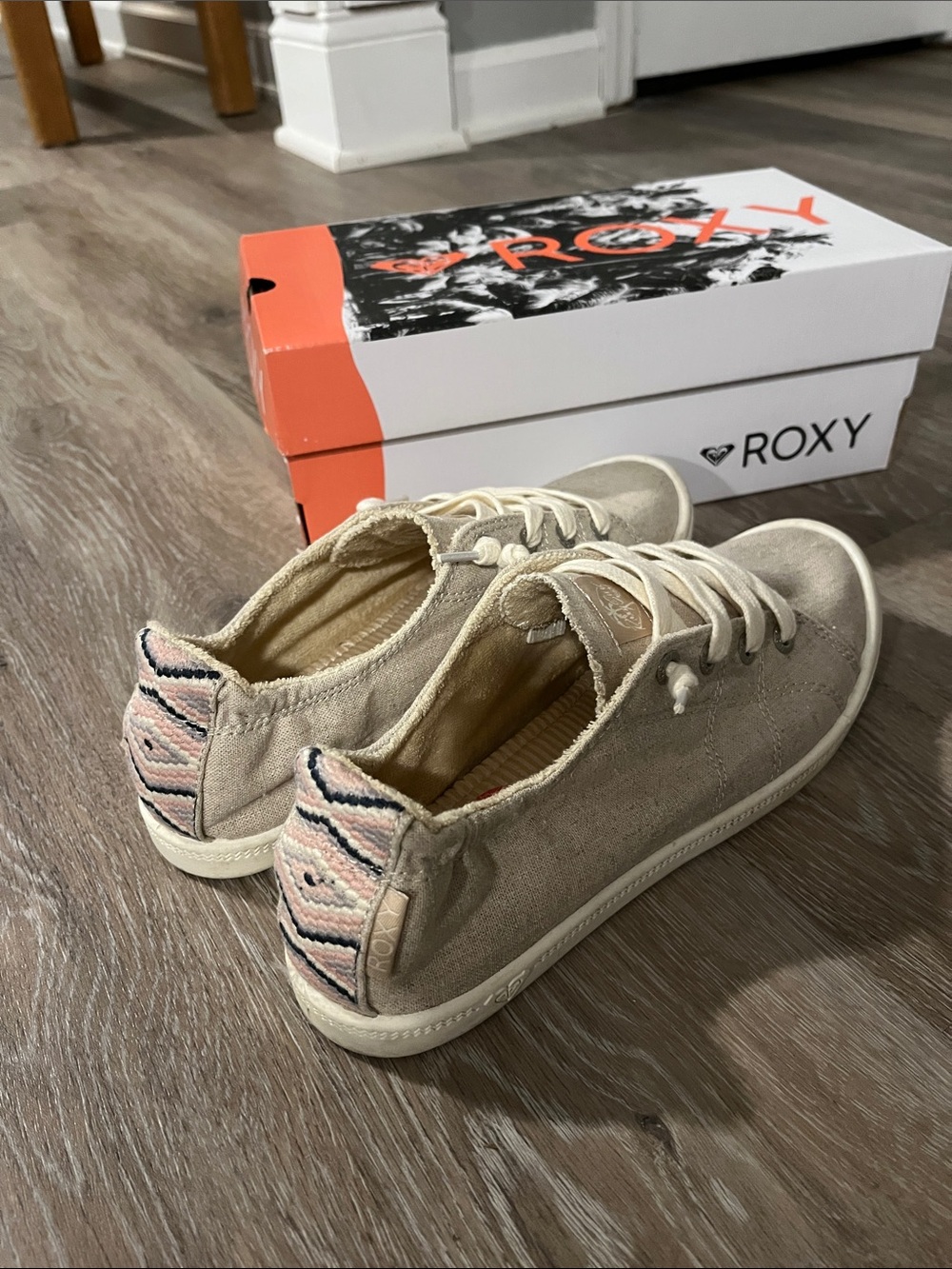 Roxy Cream Canvas Slip-On Sneakers with Pink and Navy Heel Detail